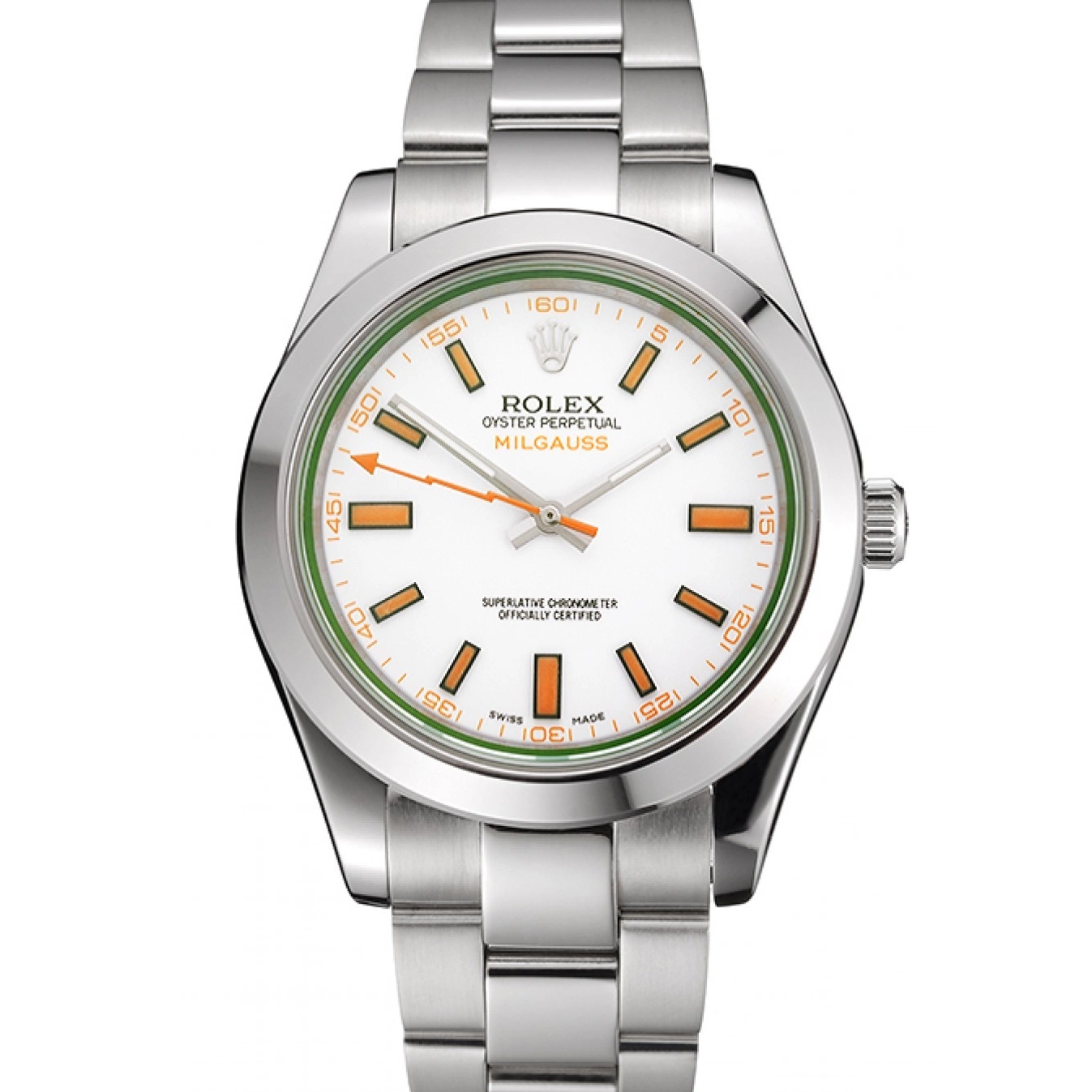 Milgauss Steel Markings Swiss Stainless Bracelet Case White Orange Dial And Rolex 0715